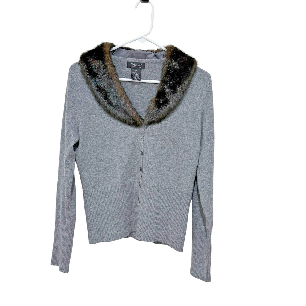 VTG Cashmere Button Up Sweater Faux Fur Collar S Office Siren Coquette Twilight